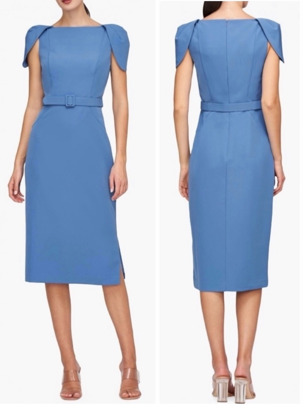 Kay Unger Ivette Cape Sleeve Sheath Belted Midi Dress Size 6 NEW